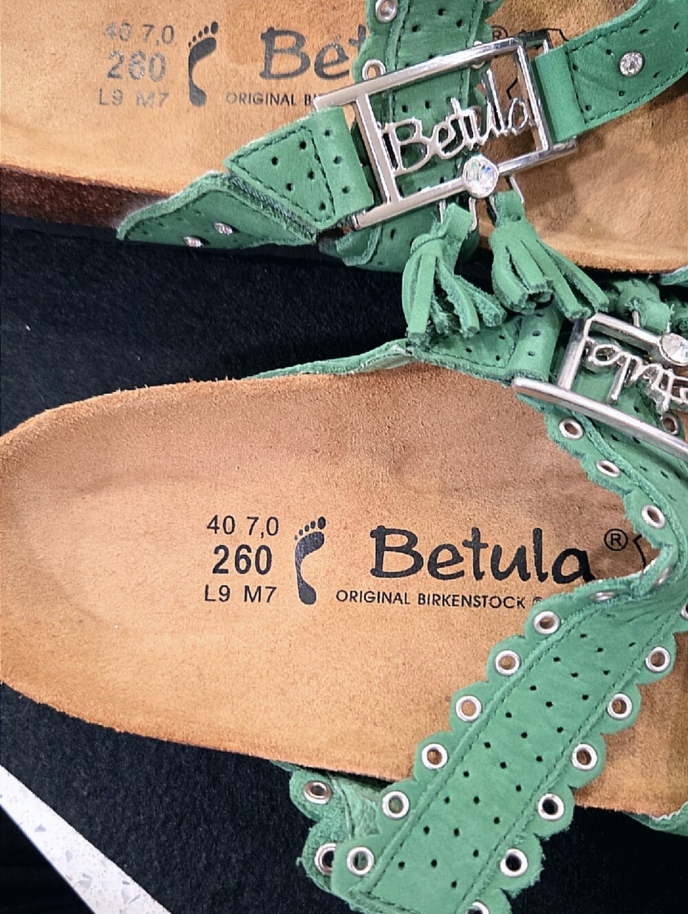 Betula by Birkenstock "Krystle" Green Leather Rhinestone Sandals